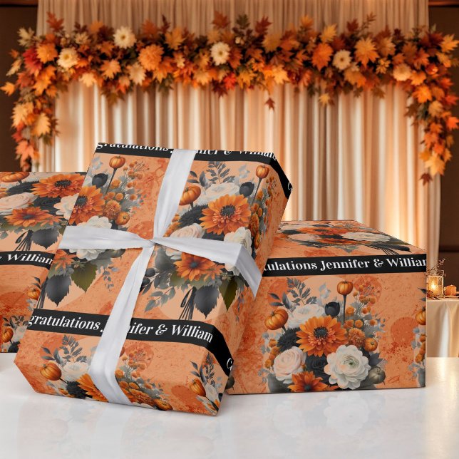 Halloween Wedding Personalise Names Pumpkin Mums Wrapping Paper (Creator Uploaded)