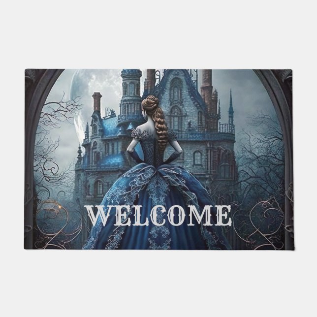 Halloween Welcome Haunted House Blue Night Scary Doormat (Front)