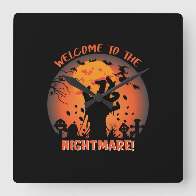 Halloween Welcome To The Nightmare Square Wall Clock (Front)