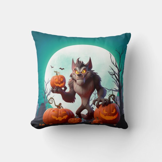 Halloween werewolf and pumpkins cushion (Front)
