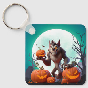 Halloween werewolf and pumpkins key ring