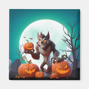 Halloween werewolf and pumpkins magnet