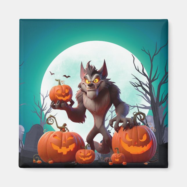 Halloween werewolf and pumpkins magnet (Front)