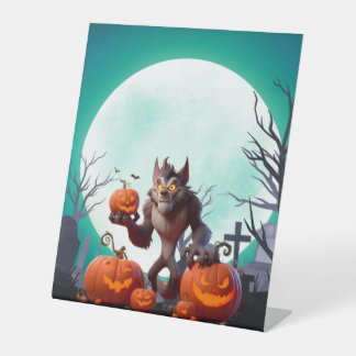 Halloween werewolf and pumpkins pedestal sign