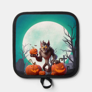 Halloween werewolf and pumpkins pot holder