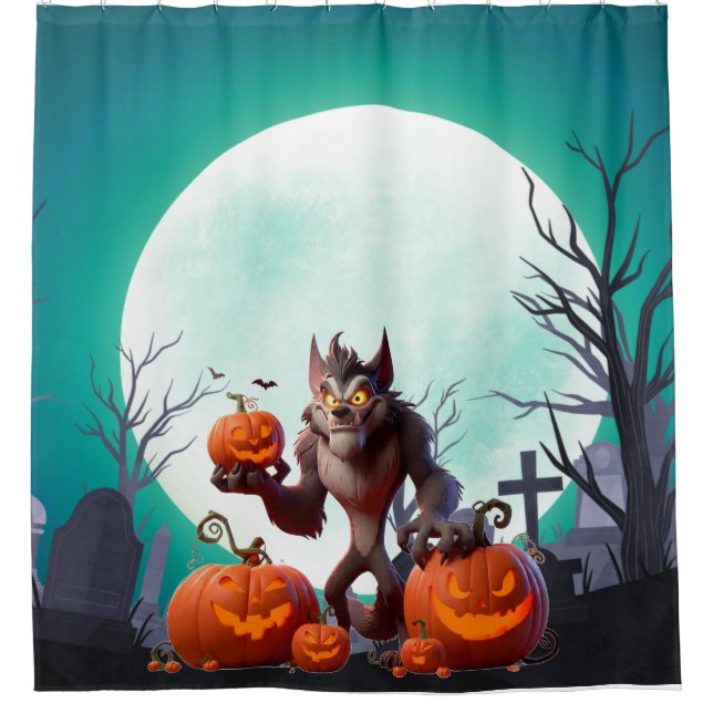 Halloween werewolf and pumpkins shower curtain (Front)