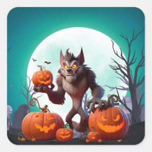 Halloween werewolf and pumpkins square sticker