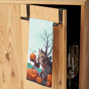 Halloween werewolf and pumpkins tea towel