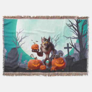 Halloween werewolf and pumpkins throw blanket