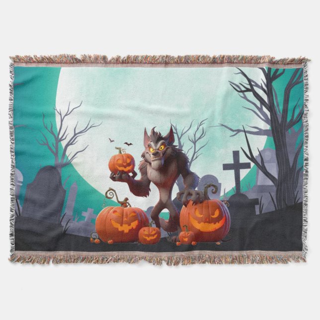 Halloween werewolf and pumpkins throw blanket (Front)