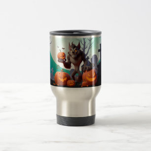 Halloween werewolf and pumpkins travel mug