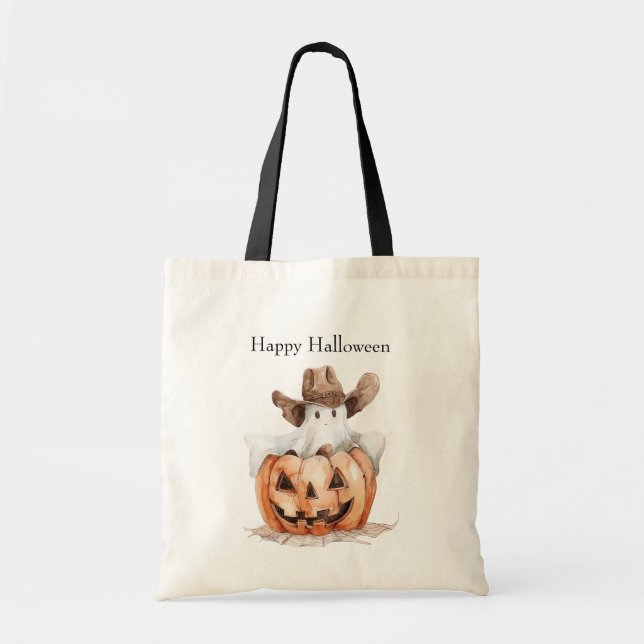 Halloween Western Brown Cowboy Ghost Pumpkin Tote Bag (Front)