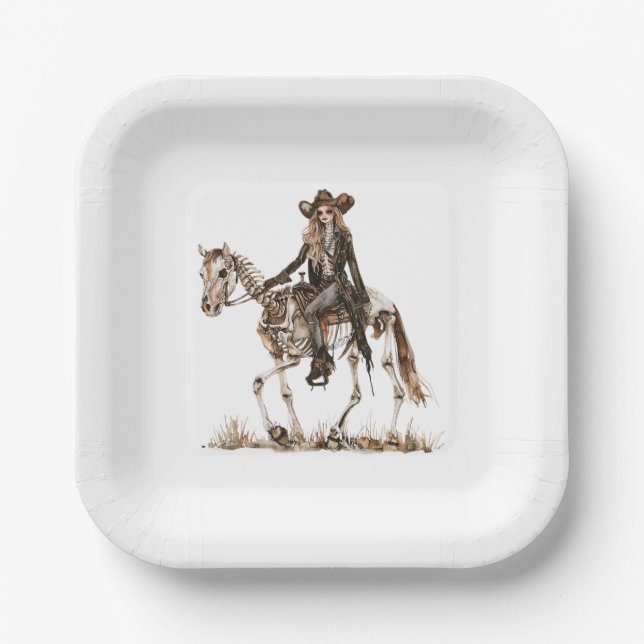 Halloween Western Cowgirl Skeleton Horse Paper Plate (Front)