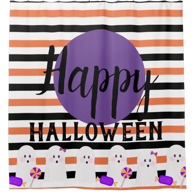 Halloween Whimiscal Cute Ghost with Candy Border Shower Curtain (Front)