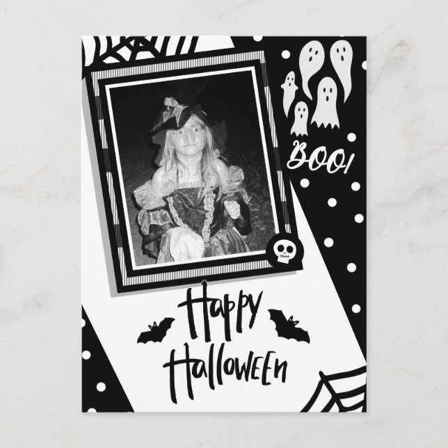 Halloween Whimsical Black & White Skull Photo Postcard (Front)