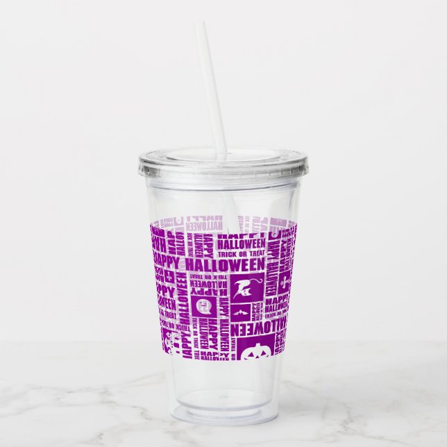 Halloween Whimsical Cool Typography Pattern Purple Acrylic Tumbler (Left)