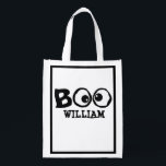 Halloween Whimsical Cute Simple Ghost Boo Eyes Reusable Grocery Bag<br><div class="desc">Goofy-eyed BOO for your Halloween. A simple design with goofy cross-eyed ghoul eyes saying BOO! Trick or treat fun will be had by all with this whimsical design. Happy Halloween fun with a black background and a simple white border, Personalise for yourself or your favourite ghosts and goblins. A Happy...</div>