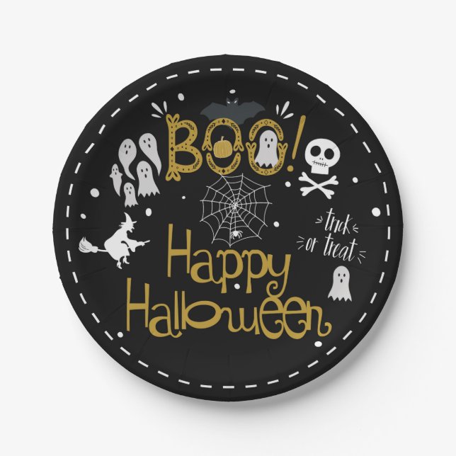 Halloween Whimsical Hand Drawn Costume Party Paper Plate (Front)