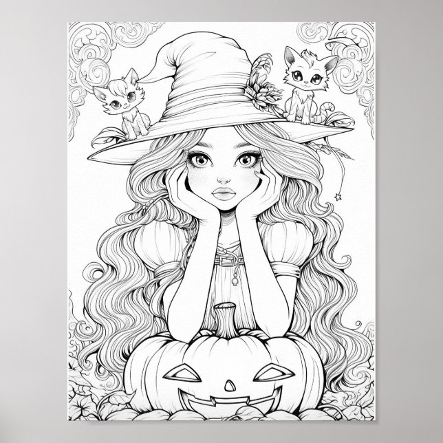 Halloween Whimsy: Pumpkin Cats on Hat Colouring Poster (Front)