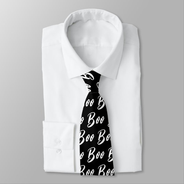 Halloween white black boo text pattern tie (Tied)