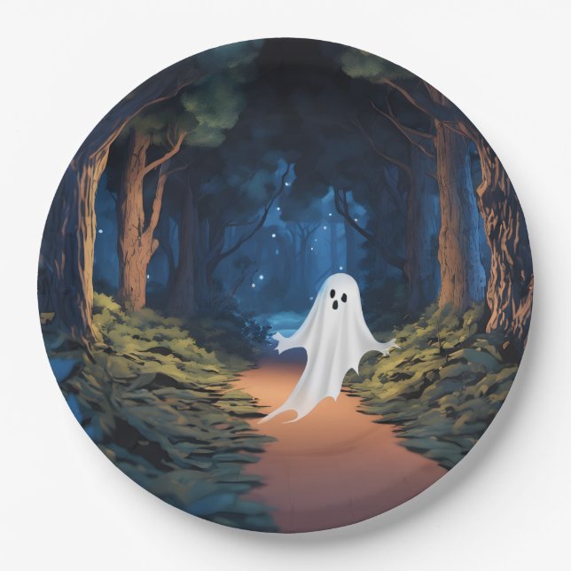 Halloween White Ghost In Forest Paper Plate (Front)