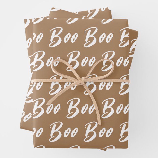 Halloween white light brown boo text pattern wrapping paper sheet (In situ)