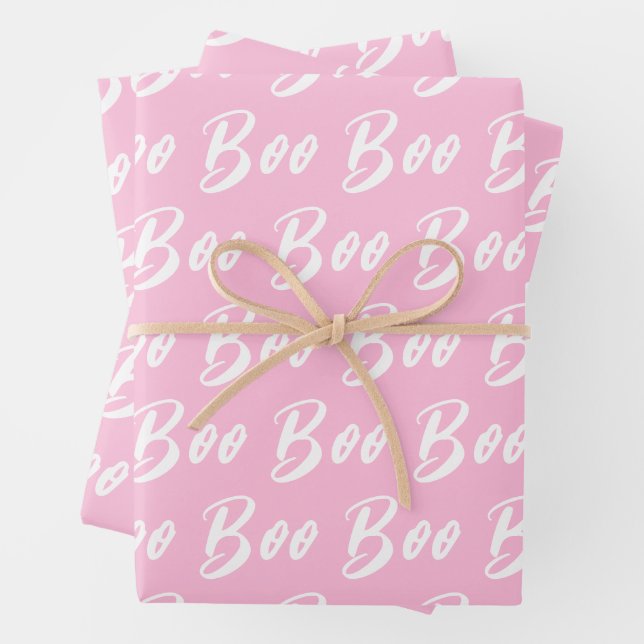 Halloween white light pink boo text pattern wrapping paper sheet (In situ)