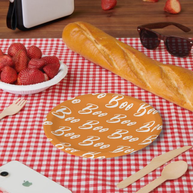 Halloween white orange boo text pattern paper plate (Picnic)