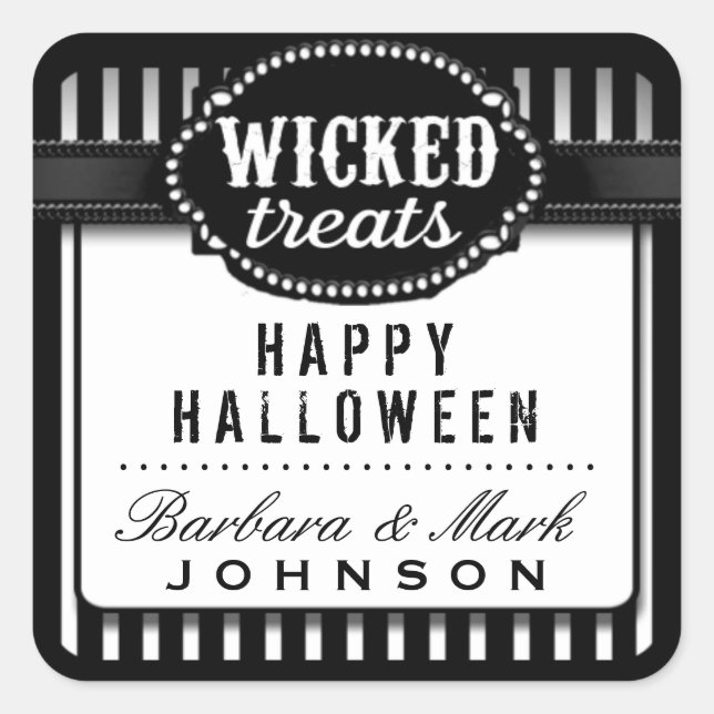 Halloween Wicked Treats Black & White Striped Square Sticker (Front)