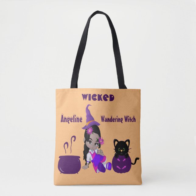 Halloween Wicked Wandering Witch Orange Cute Cat Tote Bag (Front)