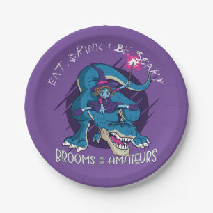 Halloween Wicked Witch On T-Rex Illustration Paper Plate