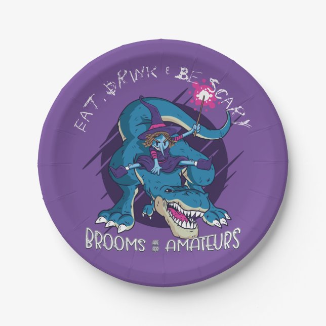 Halloween Wicked Witch On T-Rex Illustration Paper Plate (Front)