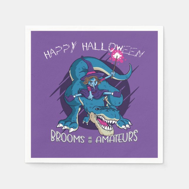 Halloween Wicked Witch On T-Rex Illustration Party Napkin (Front)