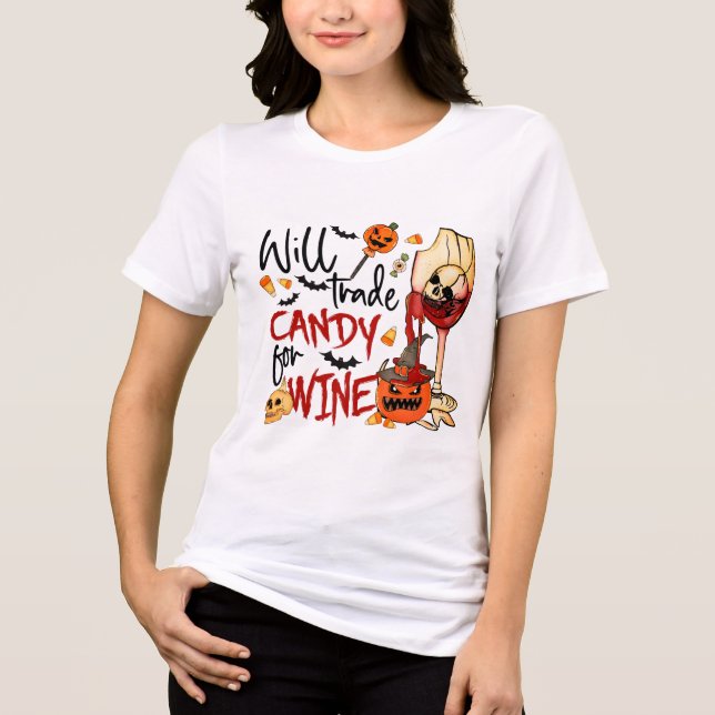 Halloween Will Trade Candy For Wine Funny Pumpkin Tri-Blend Shirt (Front)