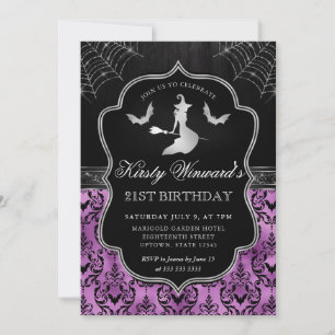 Halloween Witch and Bat Damask 21st Birthday Invitation