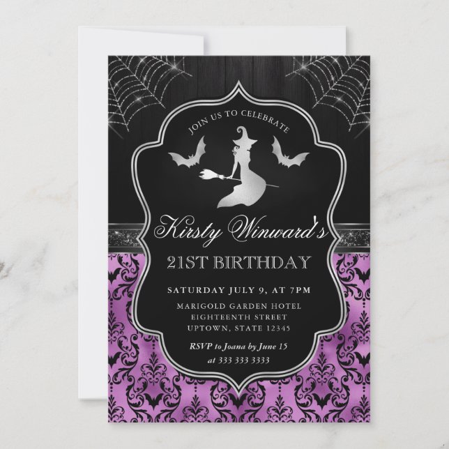Halloween Witch and Bat Damask 21st Birthday Invitation (Front)