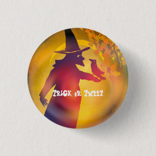 Halloween Witch and Black Bird Trick or Tweet  3 Cm Round Badge