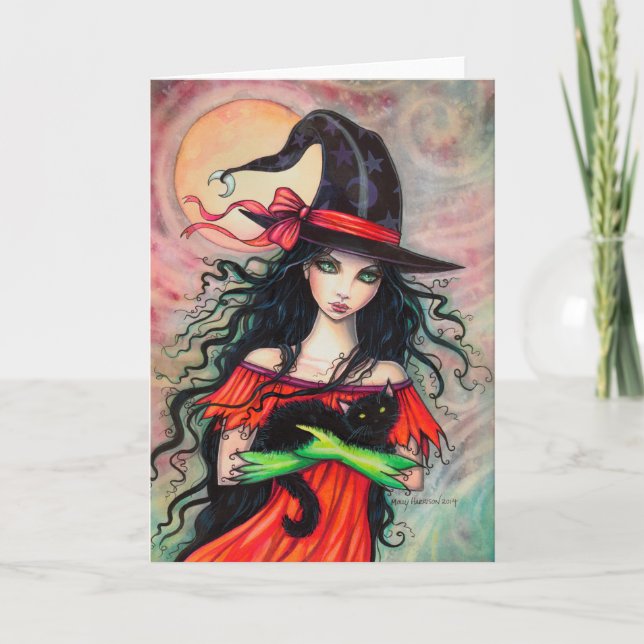Halloween Witch and Black Cat Fantasy Art Card (Front)
