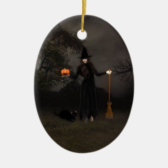 Halloween Witch and Black Cat Ornament (Front)