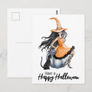 Halloween Witch and Black Cat Postcard