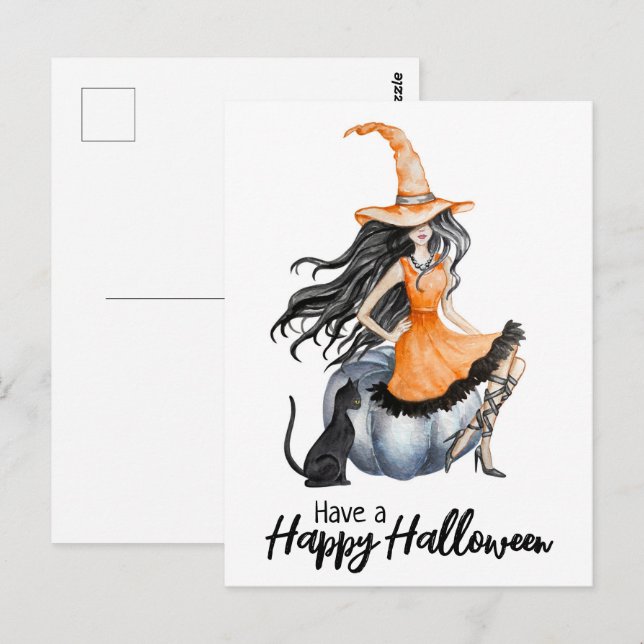 Halloween Witch and Black Cat Postcard (Front/Back)