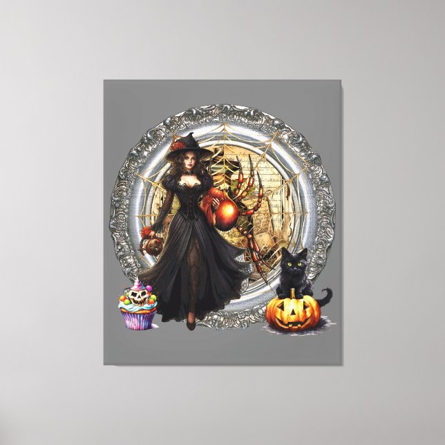 Halloween Witch And Cat Canvas Print (Front)