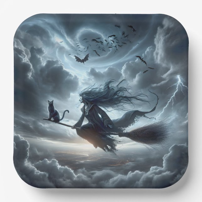 Halloween Witch and Cat On a Broom Paper Plate (Front)