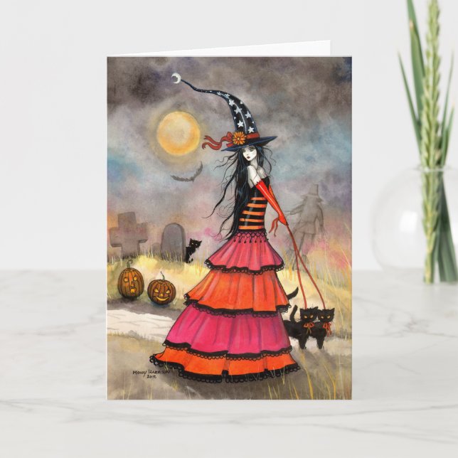 Halloween Witch and Cats Graveyard Card (Front)