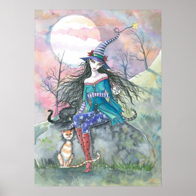Halloween Witch and Cats Poster by Molly Harrison (Front)
