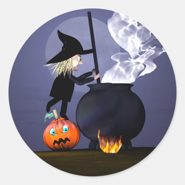 Halloween Witch and Cauldron Classic Round Sticker (Front)