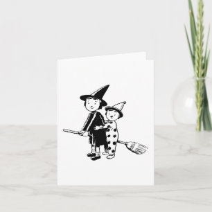 Halloween Witch and Clown Riding Broomstick Card