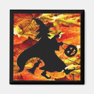 Halloween Witch and Fall Leaves Magnet