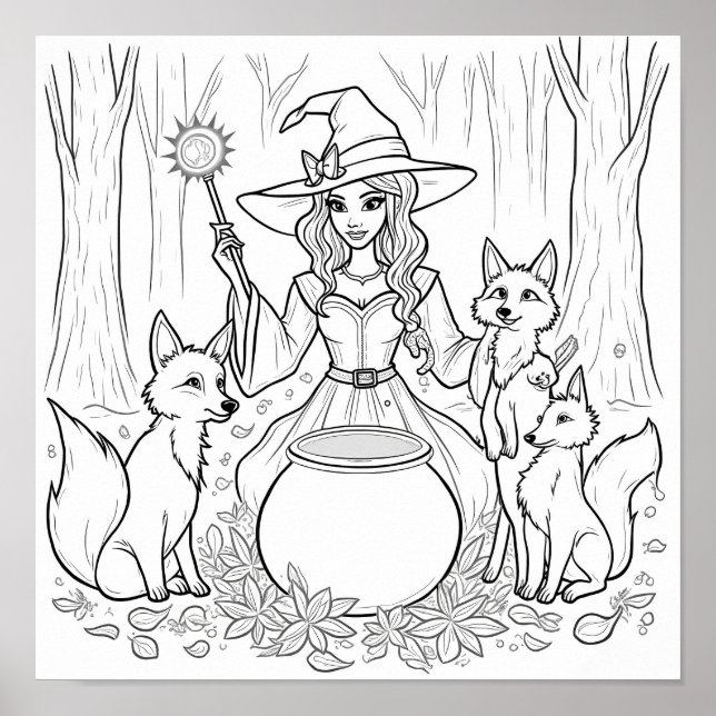 Halloween witch and foxes colouring page poster (Front)