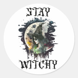 Halloween Witch and Full Moon Classic Round Sticker